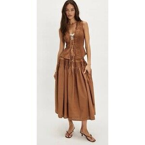 Free people XS Gesibelle Set Macadamia Brown Eyelet Top Skirt A line NWT